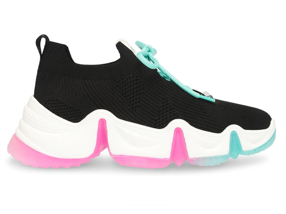 Tenis negros de tela con agujetas menta y suela blanca gruesa con degradados en rosa y menta.