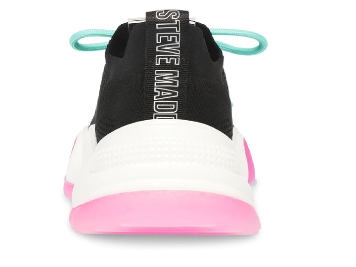 Tenis negros de tela con agujetas menta y suela blanca gruesa con degradados en rosa y menta.