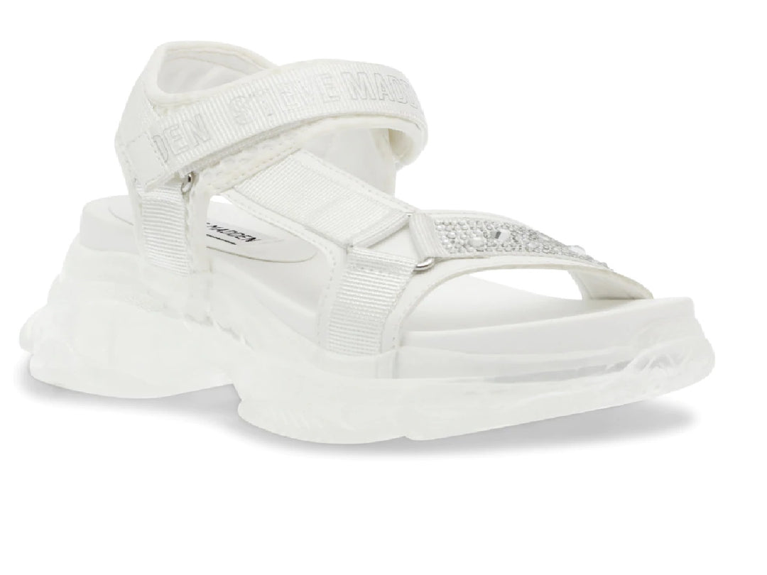 Sandalia blanca de plataforma con correas y detalles brillantes de la marca Steve Madden.