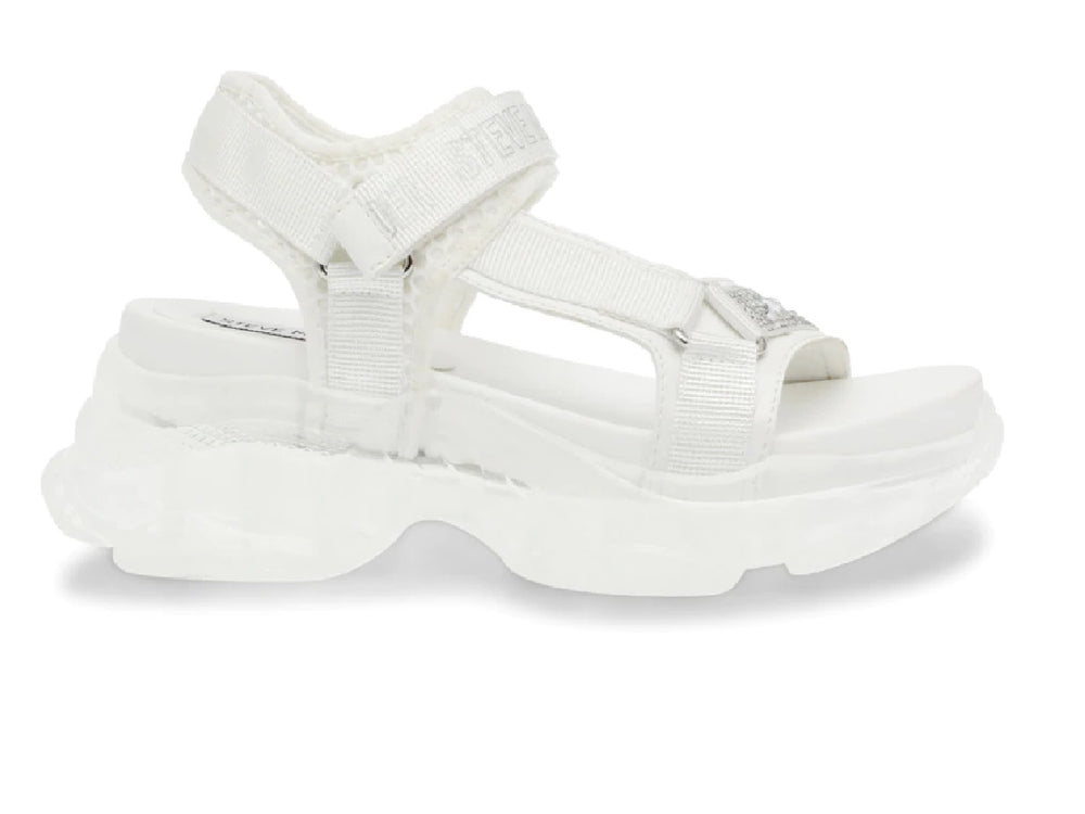 Sandalia blanca de plataforma con correas y detalles brillantes de la marca Steve Madden.