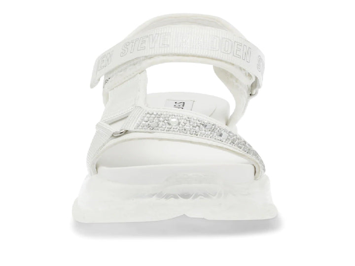 Sandalia blanca de plataforma con correas y detalles brillantes de la marca Steve Madden.