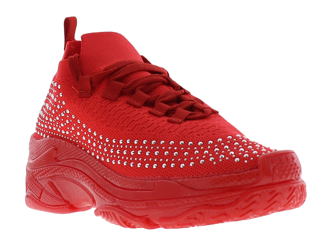 Tenis casuales color rojo con detalles de brillantes plateados y suela gruesa.