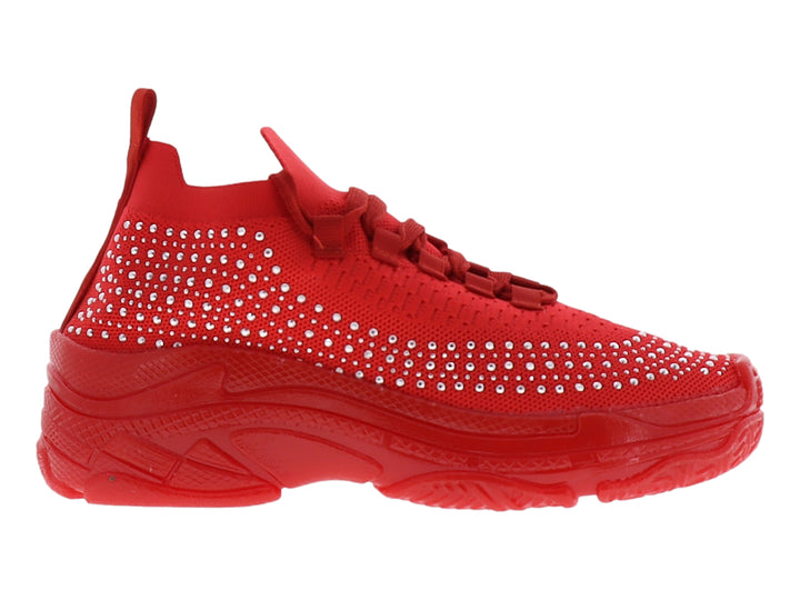Tenis casuales color rojo con detalles de brillantes plateados y suela gruesa.