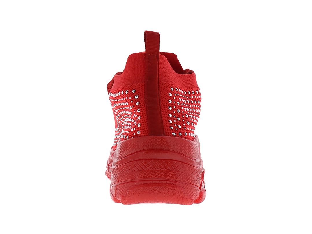Tenis casuales color rojo con detalles de brillantes plateados y suela gruesa.