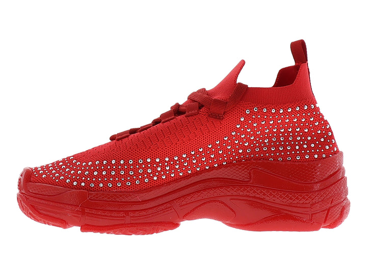 Tenis casuales color rojo con detalles de brillantes plateados y suela gruesa.