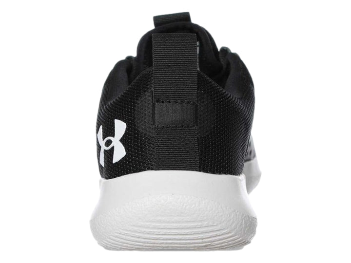 Tenis deportivos Under Armour en color negro con suela blanca y logotipo blanco en el talón.