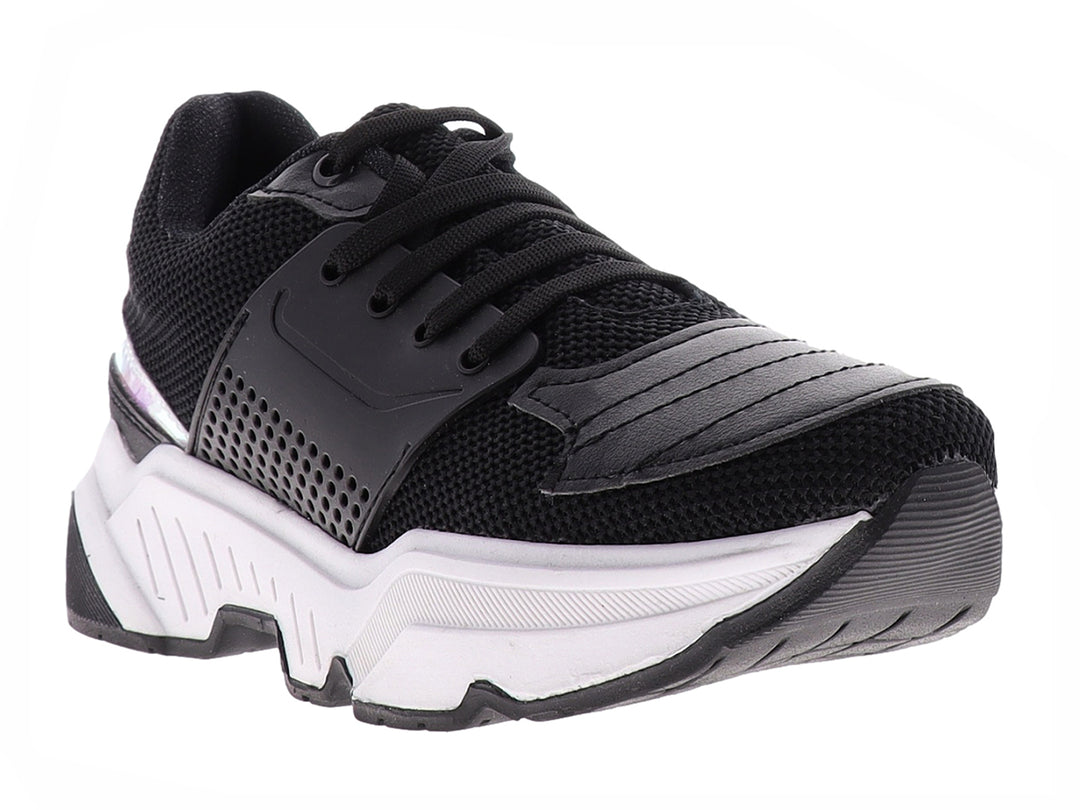Tenis deportivos marca THENTIC en color negro con suela blanca robusta y detalles en malla.