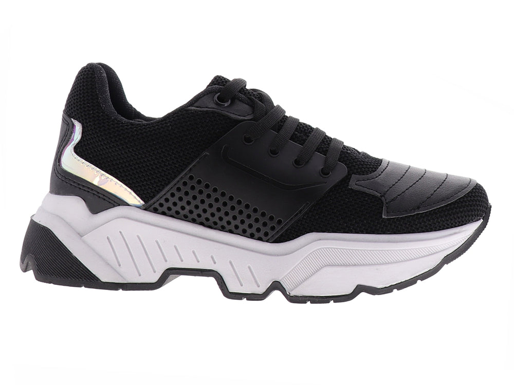 Tenis deportivos marca THENTIC en color negro con suela blanca robusta y detalles en malla.