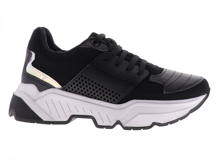 Tenis deportivos marca THENTIC en color negro con suela blanca robusta y detalles en malla.