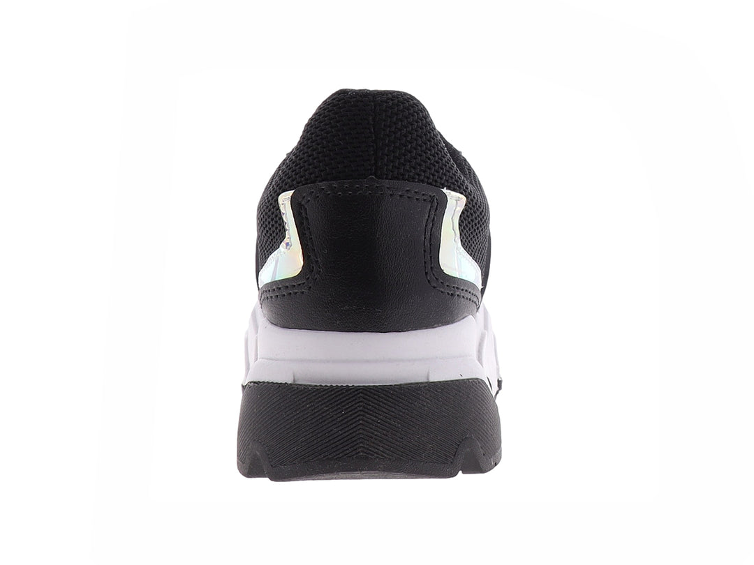 Tenis deportivos marca THENTIC en color negro con suela blanca robusta y detalles en malla.