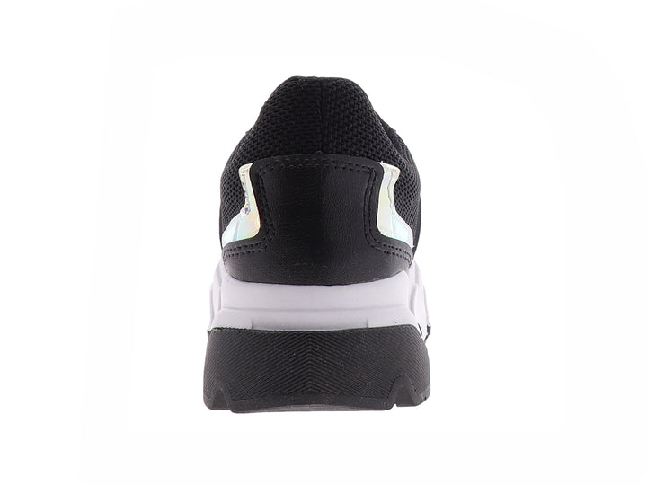 Tenis deportivos marca THENTIC en color negro con suela blanca robusta y detalles en malla.