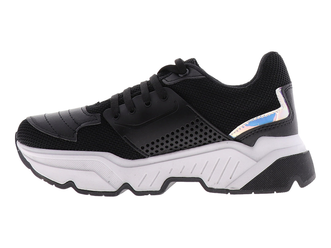 Tenis deportivos marca THENTIC en color negro con suela blanca robusta y detalles en malla.