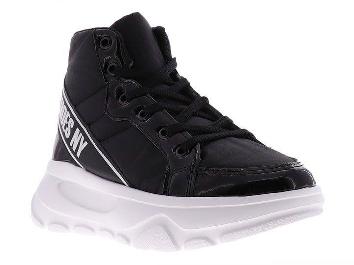 Tenis deportivos de caña alta marca THENTIC en color negro con suela ancha blanca y detalles brillantes.