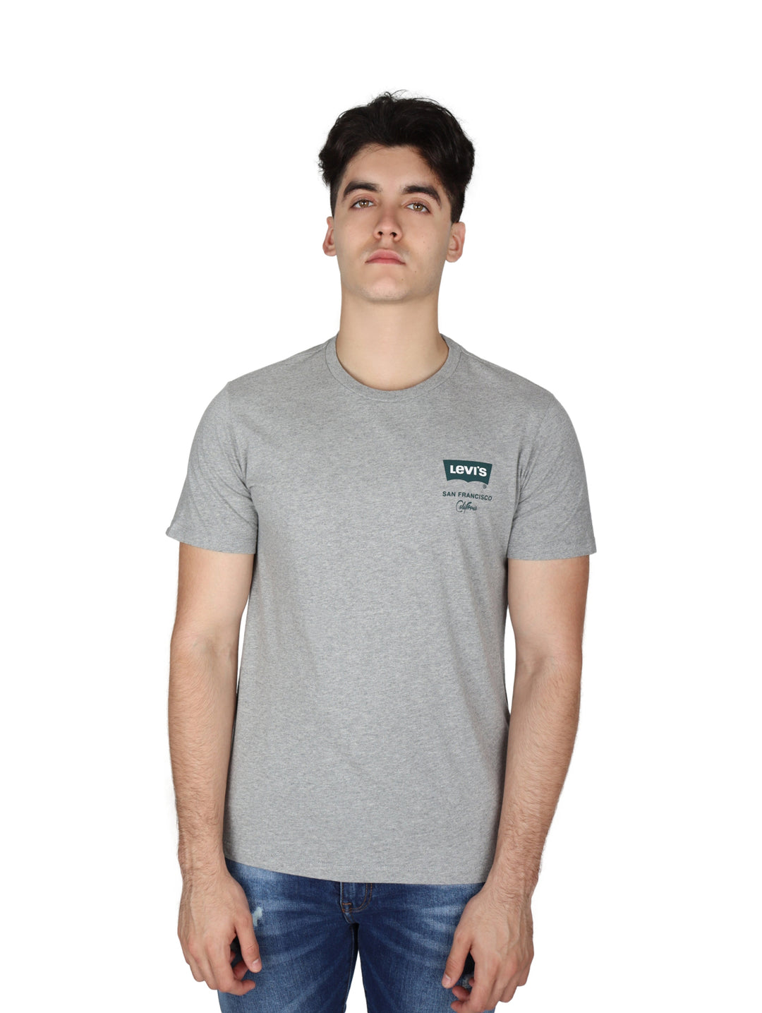 Hombre vistiendo una camiseta de manga corta color gris con logotipo de Levi's en el pecho.