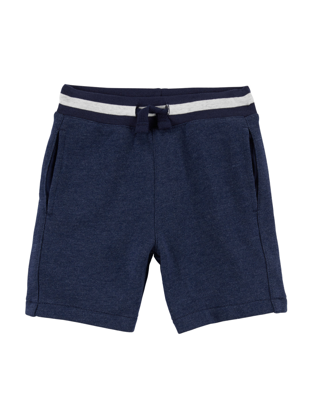 Shorts color marino para niño con cintura elástica y franja blanca decorativa.