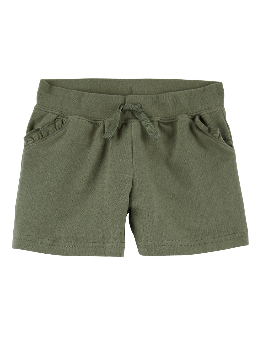 Shorts para niña de color verde militar con cintura elástica, cordón y detalles de volantes en los bolsillos.