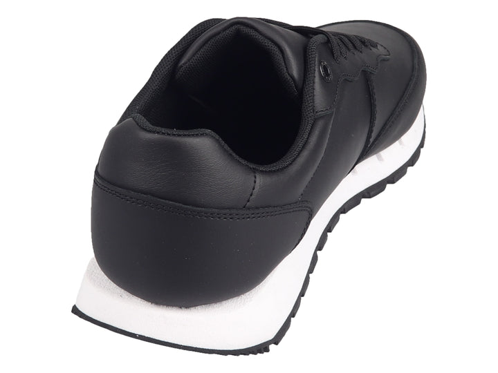 Tenis Tommy Hilfiger de cuero negro con banda tricolor en el costado y suela blanca.