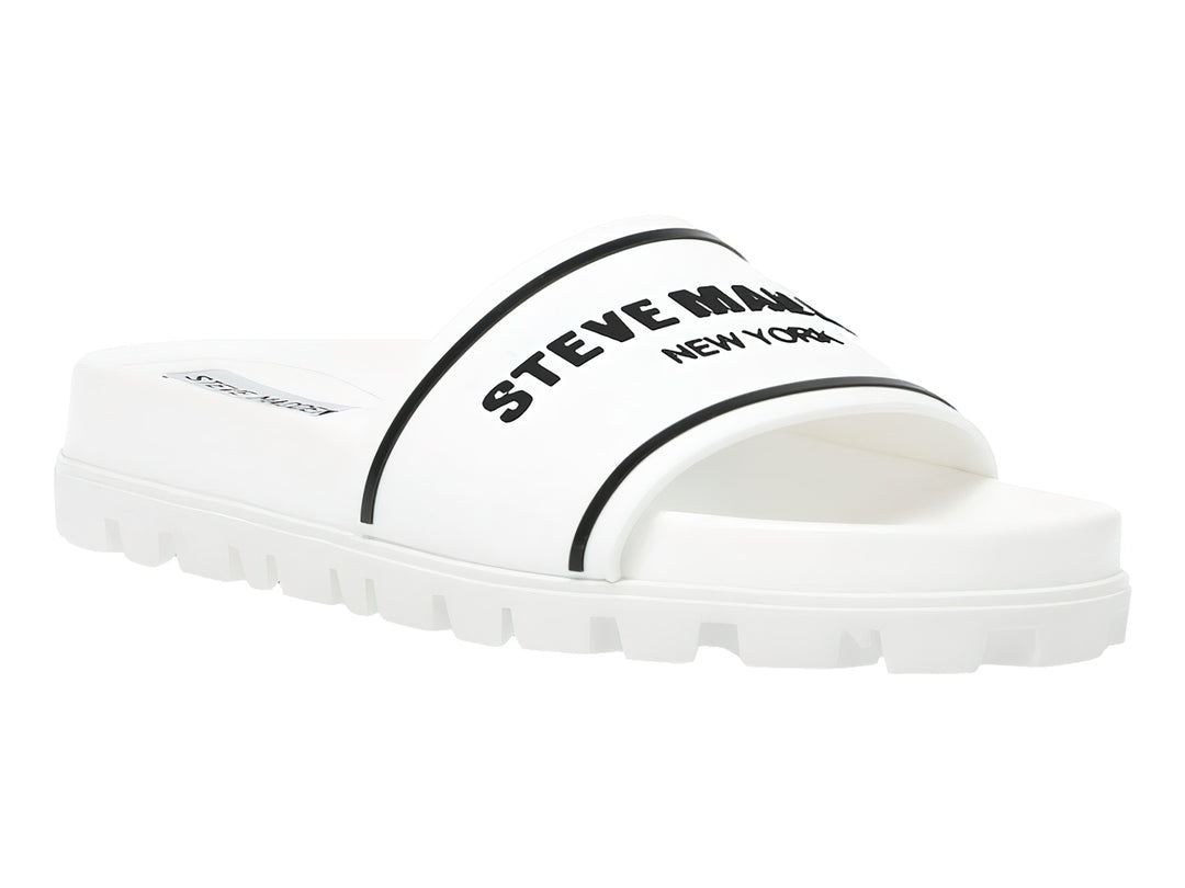 Sandalia blanca de Steve Madden con banda ancha y suela gruesa dentada.
