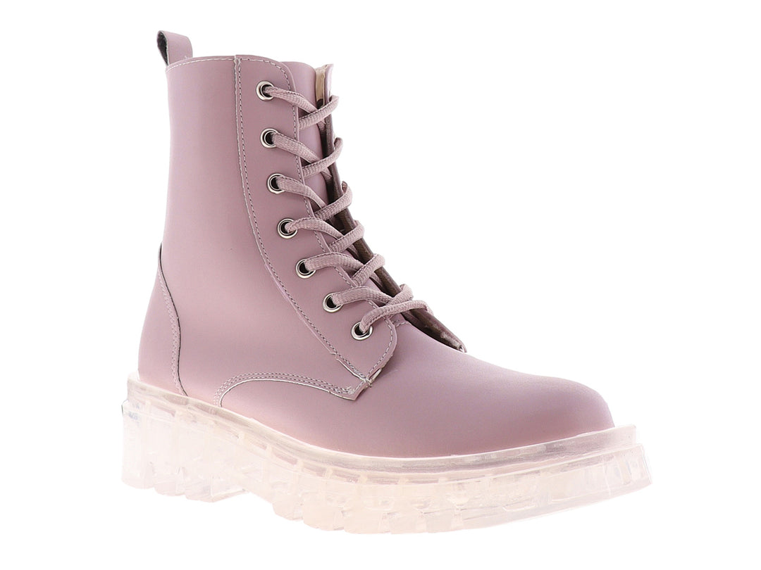 Botas color taro con agujetas y suela de plataforma transparente.