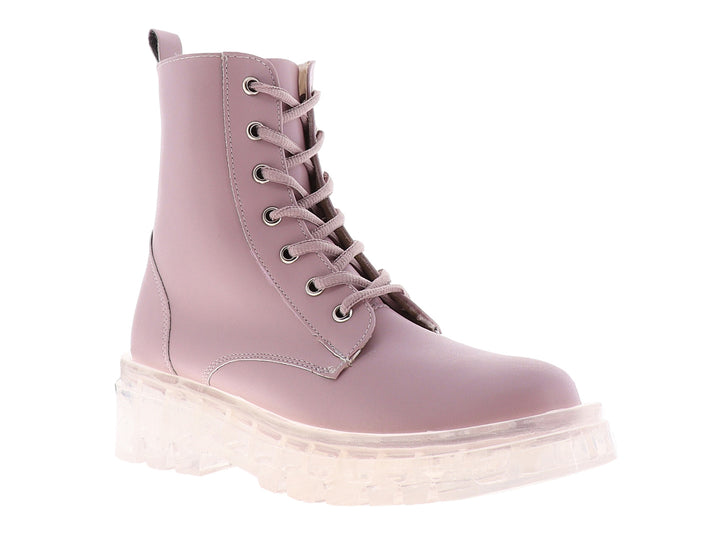 Botas color taro con agujetas y suela de plataforma transparente.