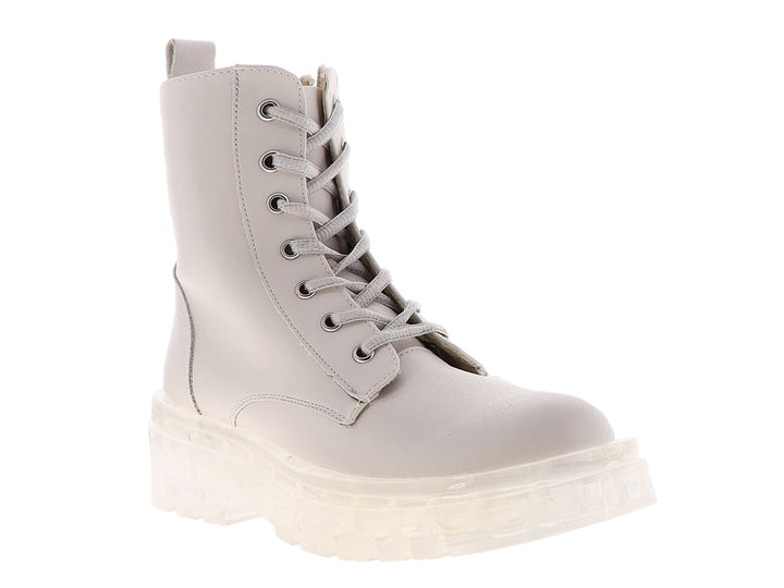 Botas Luna Rosa color latte con agujetas y suela de plataforma translúcida.