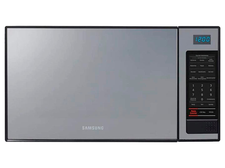 Horno de microondas Samsung con acabado frontal en espejo plateado y panel de control negro.