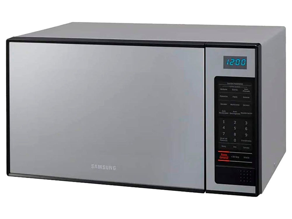 Horno de microondas Samsung con acabado frontal en espejo plateado y panel de control negro.