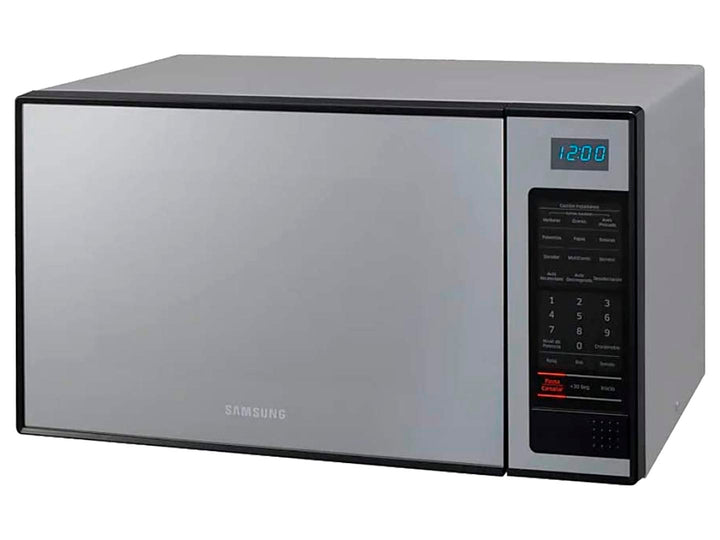 Horno de microondas Samsung con acabado frontal en espejo plateado y panel de control negro.