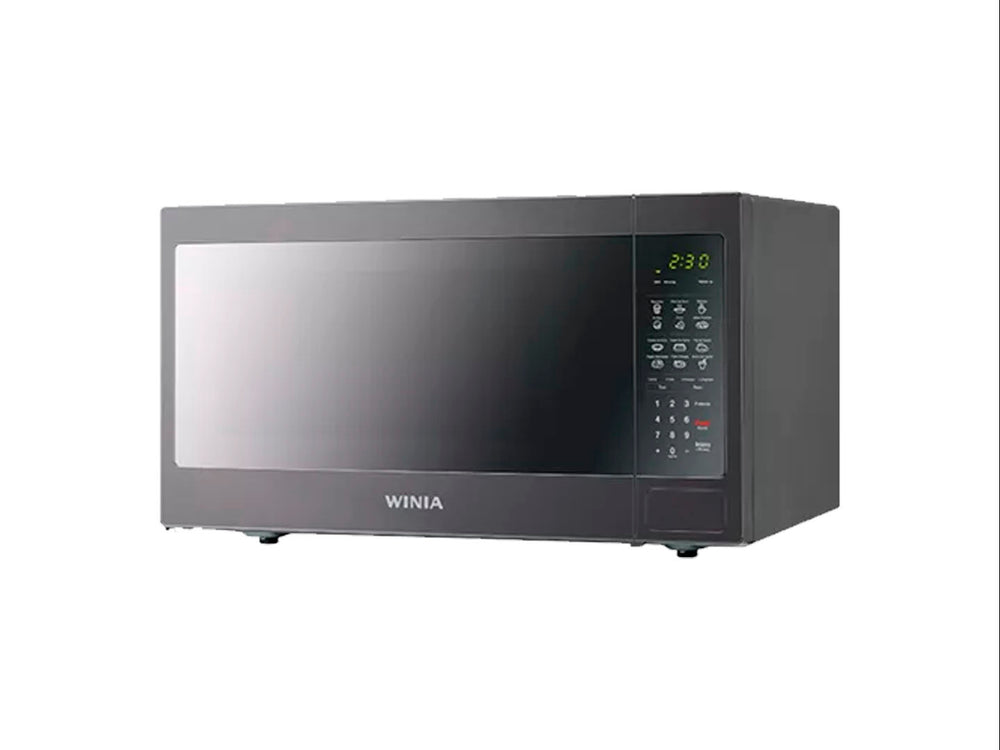 Horno de microondas Winia color plata con puerta de espejo y panel de control digital.