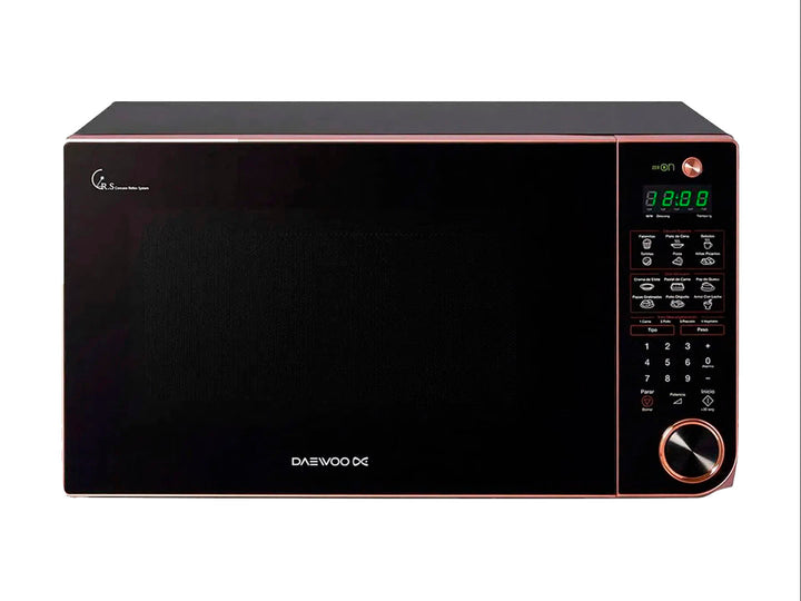 Horno de microondas Winia color negro con detalles en dorado y panel de control digital.