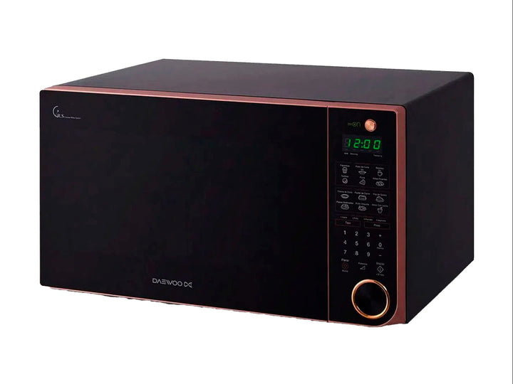 Horno de microondas Winia color negro con detalles en dorado y panel de control digital.