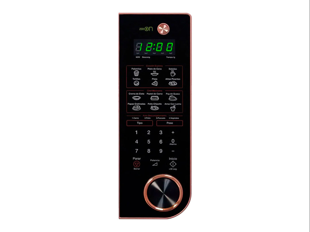 Horno de microondas Winia color negro con detalles en dorado y panel de control digital.