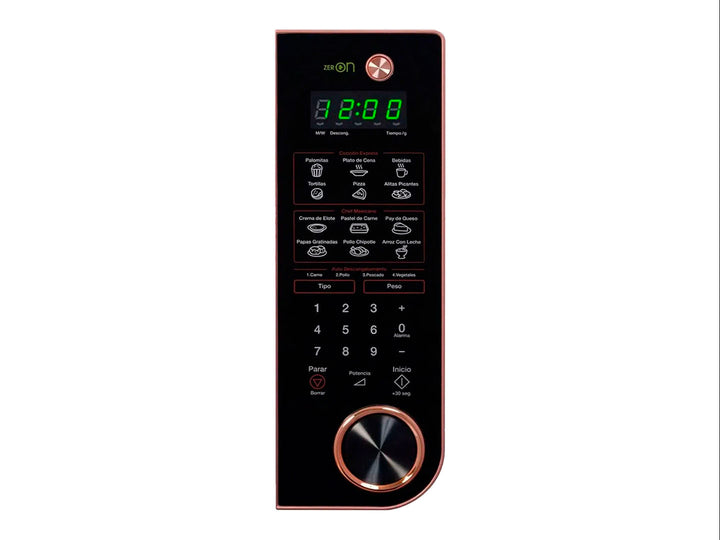 Horno de microondas Winia color negro con detalles en dorado y panel de control digital.