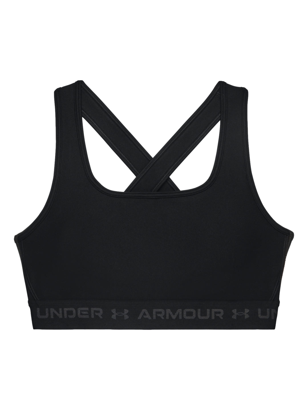 Mujer vistiendo un top deportivo Under Armour color negro con banda elástica gris en la base.