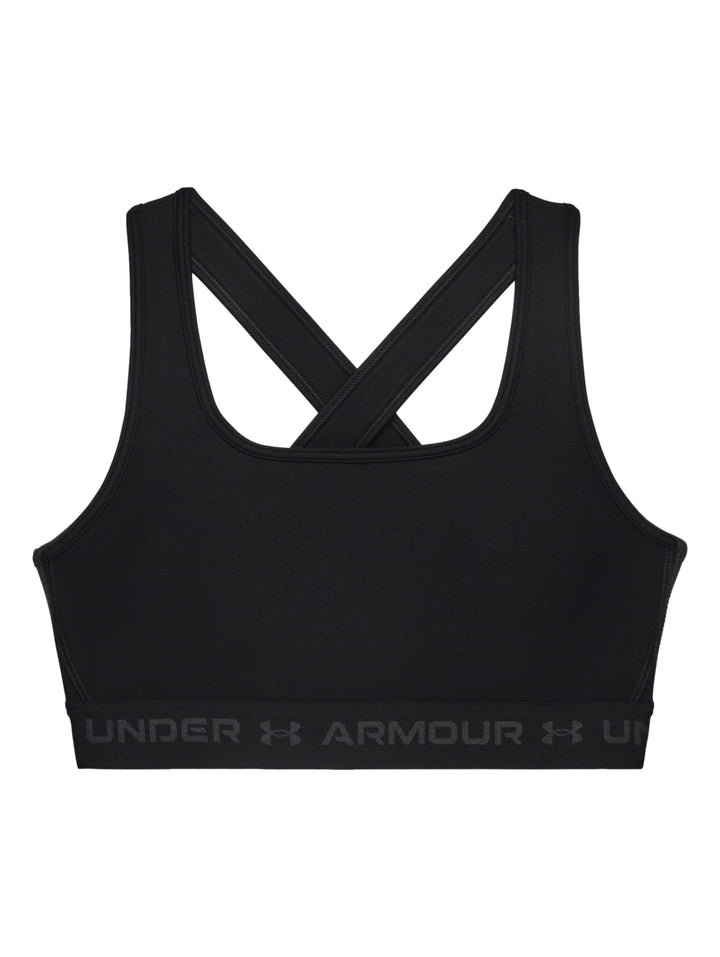 Mujer vistiendo un top deportivo Under Armour color negro con banda elástica gris en la base.