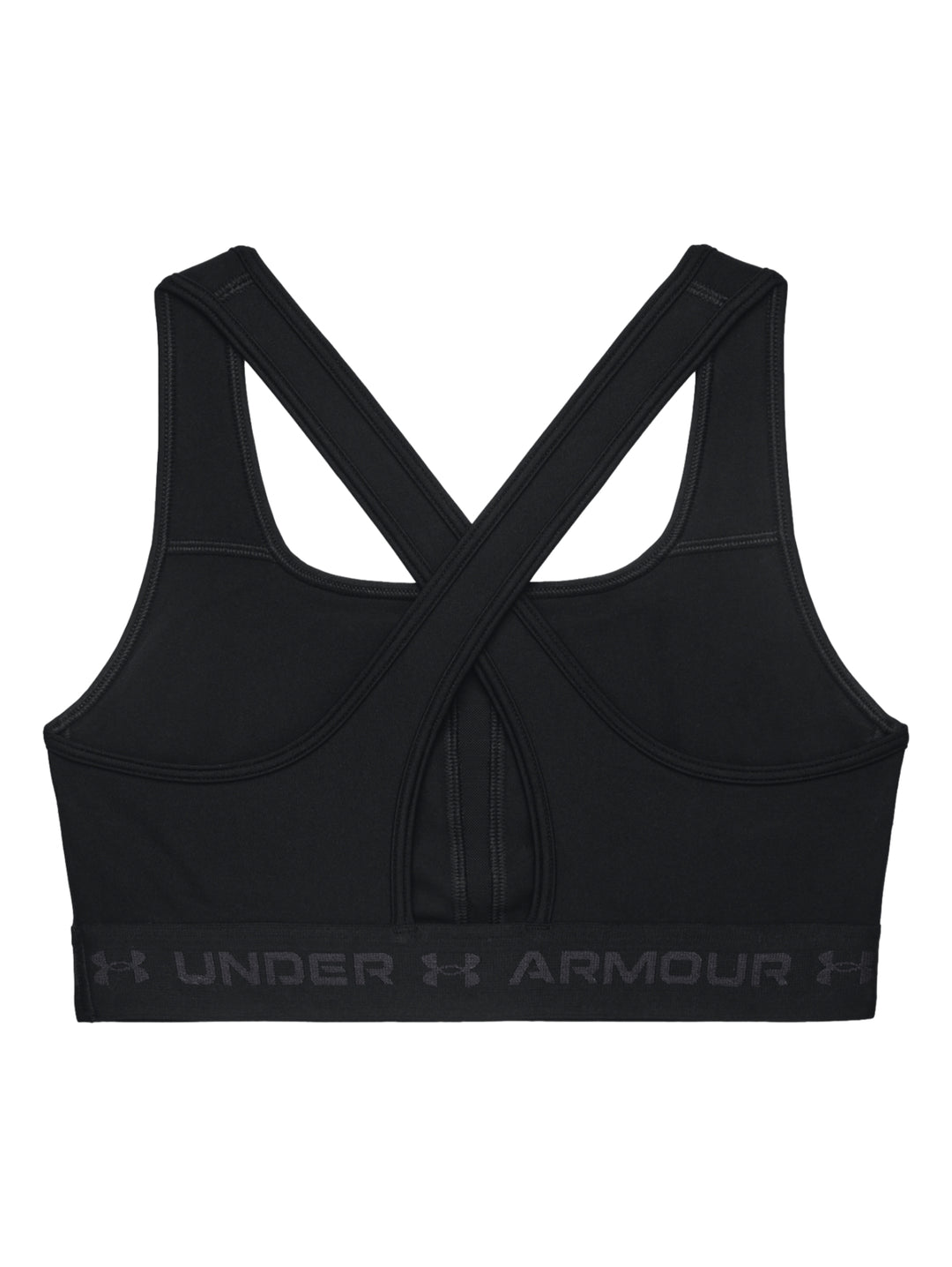 Mujer vistiendo un top deportivo Under Armour color negro con banda elástica gris en la base.