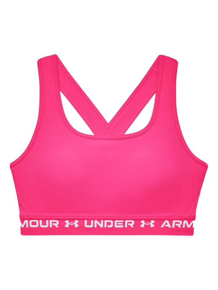 Mujer vistiendo un bra deportivo Under Armour color rosa con banda elástica blanca en la base.