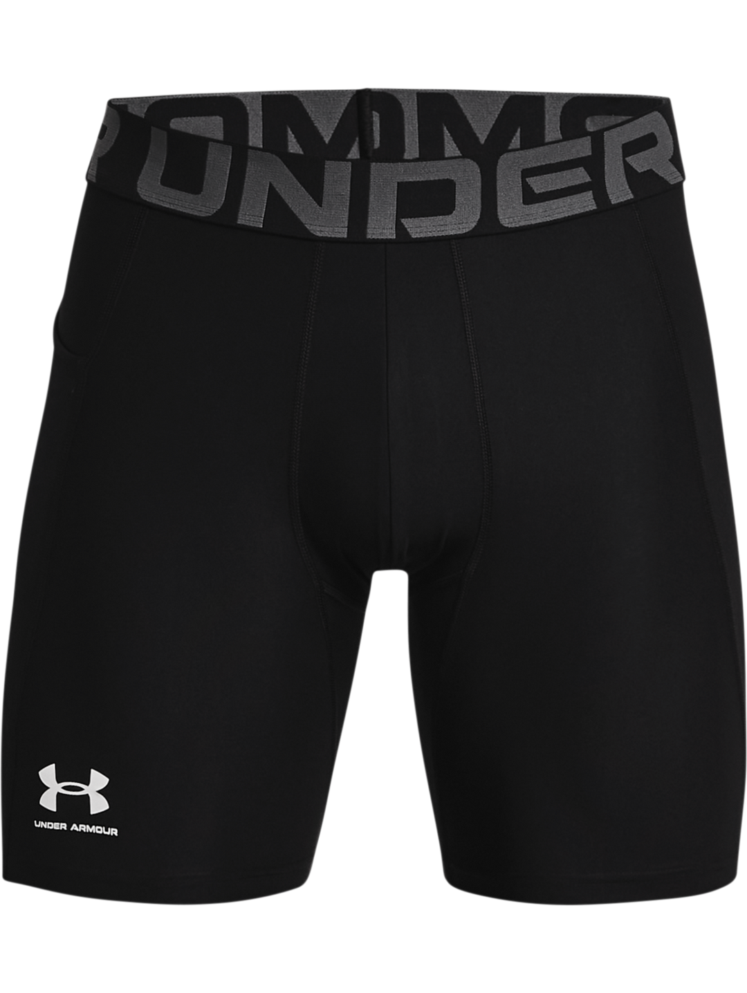 Pantalones cortos deportivos de compresión Under Armour en color negro con cintura elástica y logo blanco.