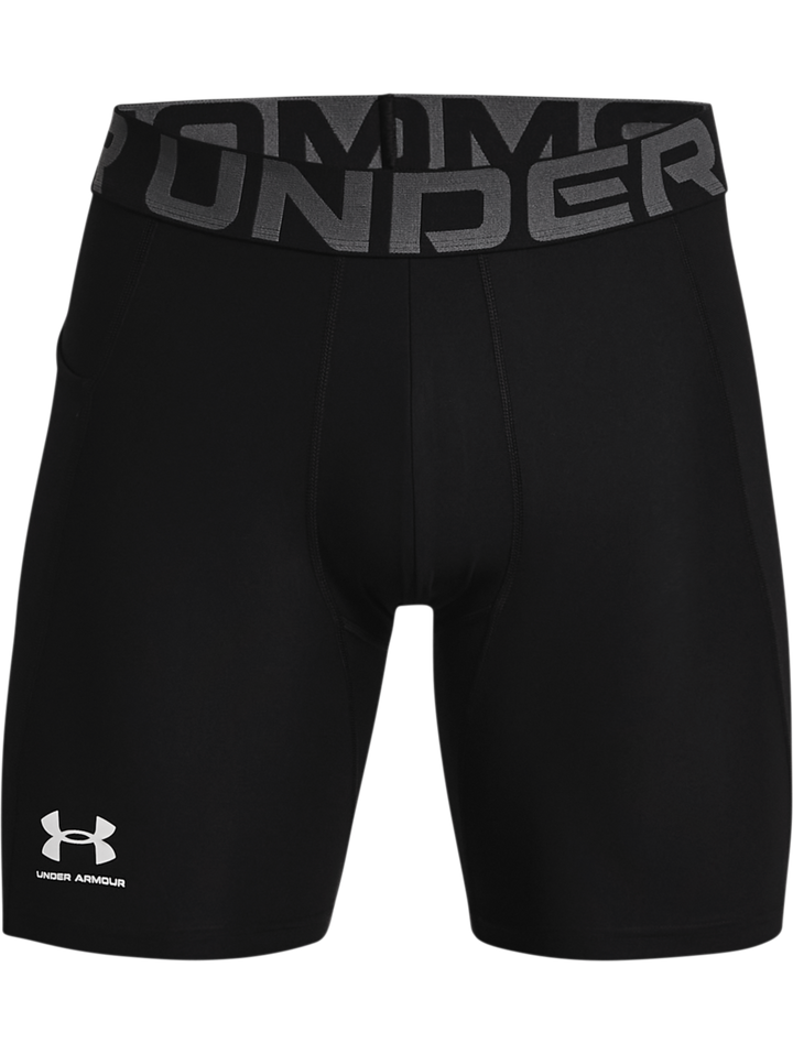 Pantalones cortos deportivos de compresión Under Armour en color negro con cintura elástica y logo blanco.