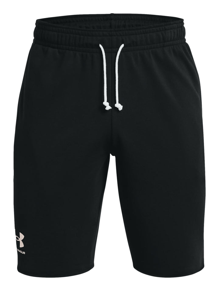 Pantalones cortos deportivos Under Armour en color negro con cordones blancos y logo lateral blanco.