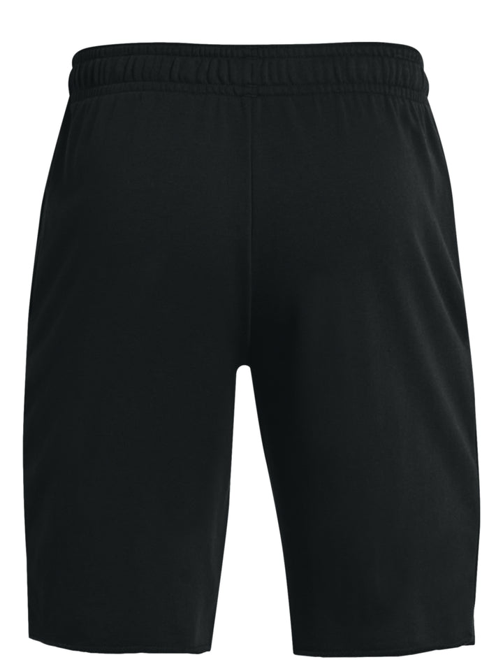 Pantalones cortos deportivos Under Armour en color negro con cordones blancos y logo lateral blanco.