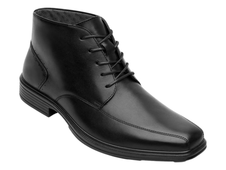 Botín negro de cuero para hombre con cordones y acabado brillante.