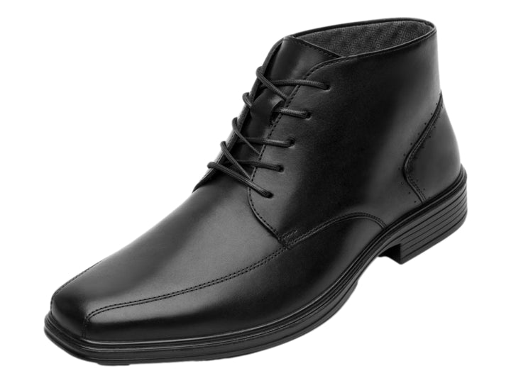 Botín negro de cuero para hombre con cordones y acabado brillante.