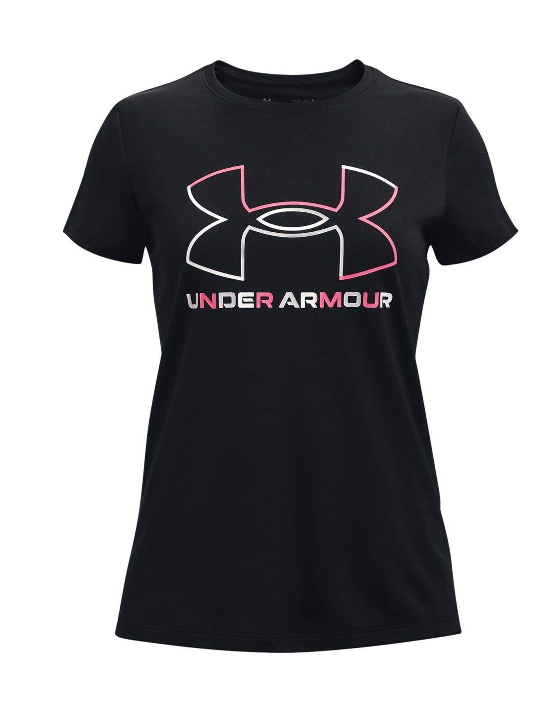 Camiseta deportiva Under Armour de color negro con logotipo en el pecho en colores blanco y rosa.