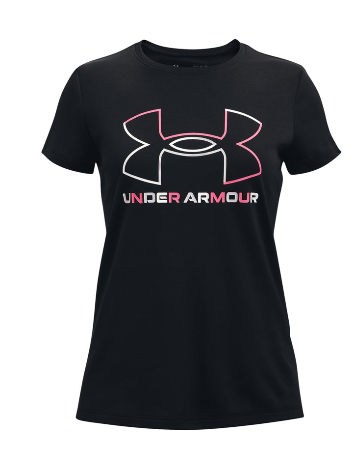 Camiseta deportiva Under Armour de color negro con logotipo en el pecho en colores blanco y rosa.