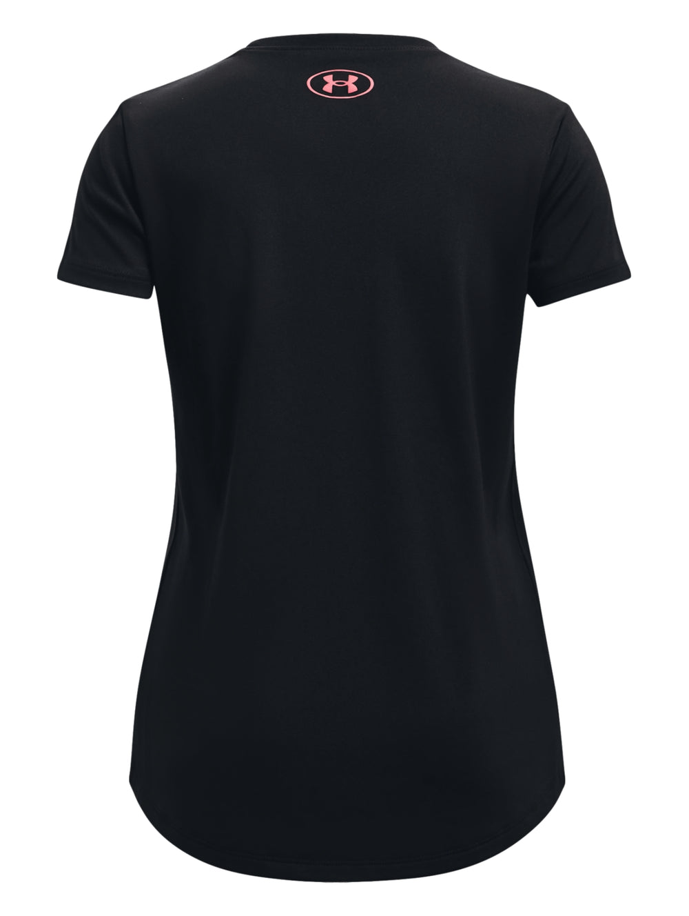 Camiseta deportiva Under Armour de color negro con logotipo en el pecho en colores blanco y rosa.