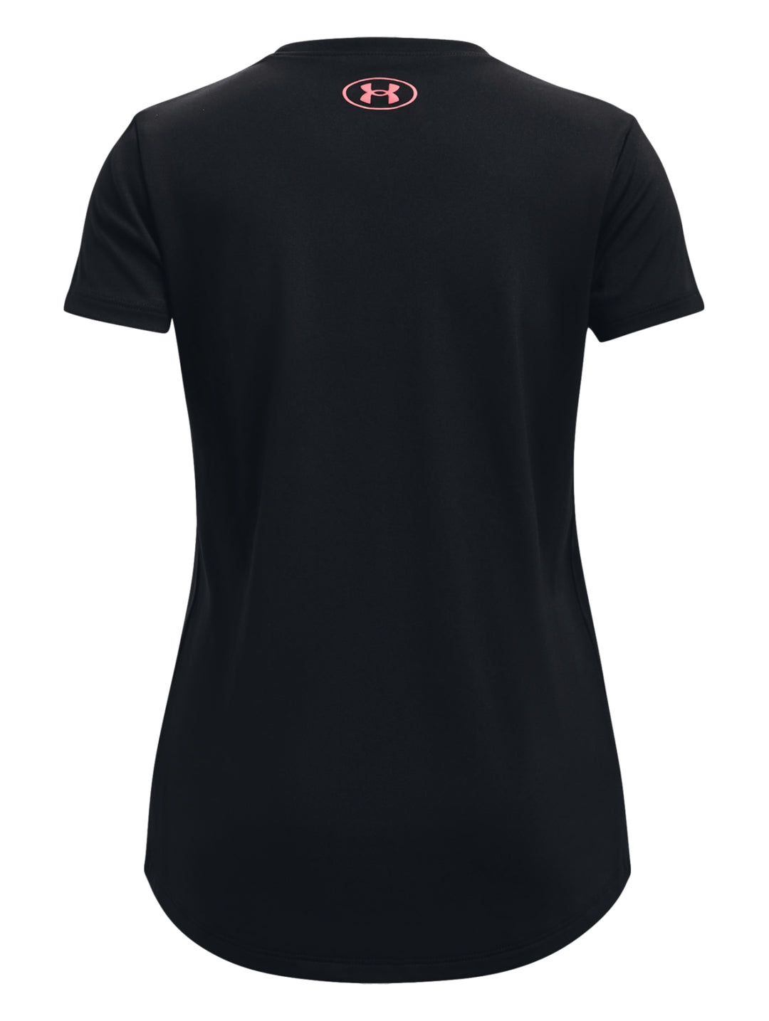 Camiseta deportiva Under Armour de color negro con logotipo en el pecho en colores blanco y rosa.