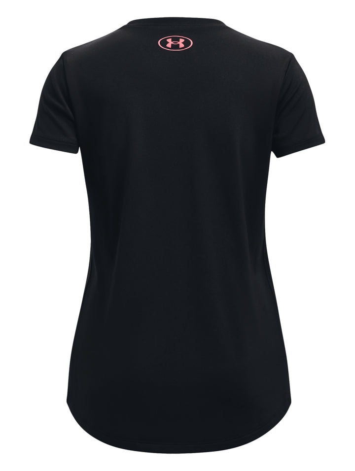 Camiseta deportiva Under Armour de color negro con logotipo en el pecho en colores blanco y rosa.