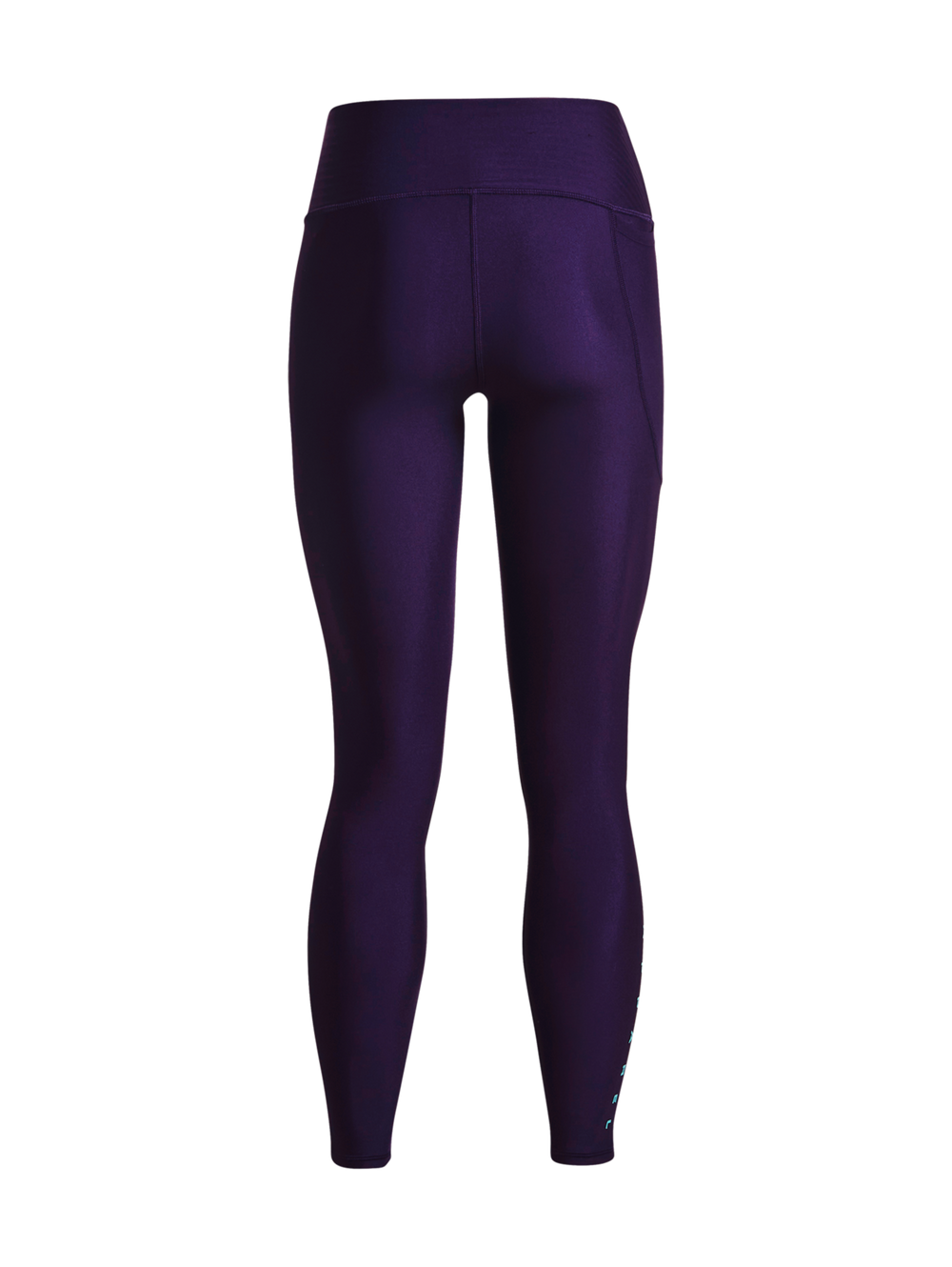 Leggings deportivos Under Armour en color morado brillante con logotipo lateral en tono turquesa.