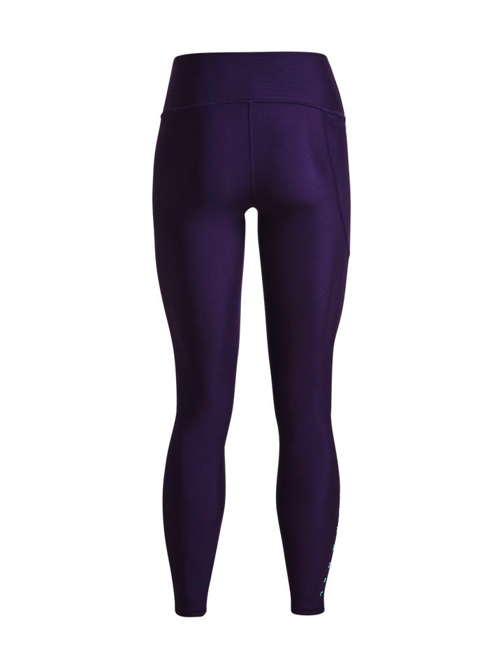Leggings deportivos Under Armour en color morado brillante con logotipo lateral en tono turquesa.